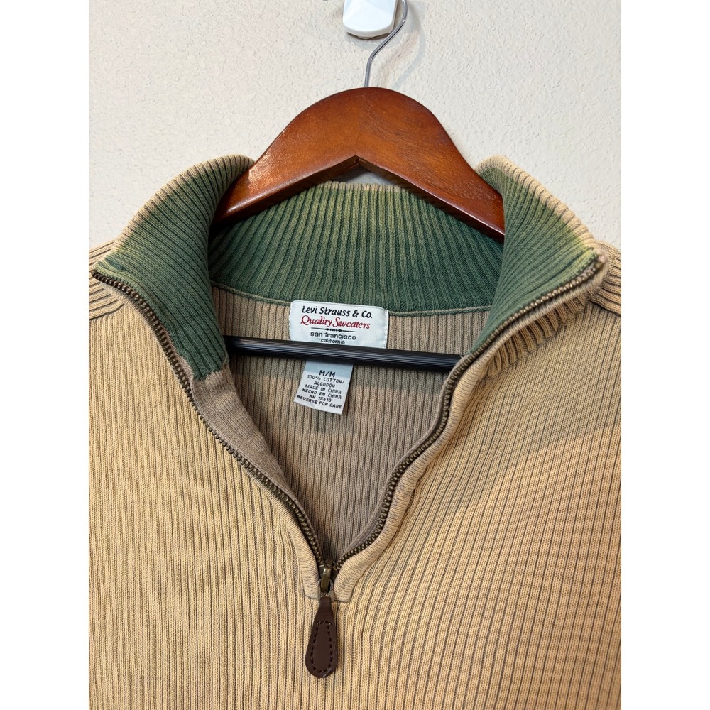 Vintage Levis Strauss Co Quarter Zip Sweater Medium Ribbed Tan/Olive 100% Cotton